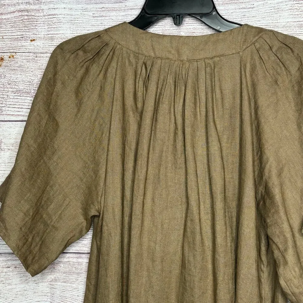 Miou Muse 100% Linen Brown Lagenlook Beachy Relaxed Casual Dress Size Medium